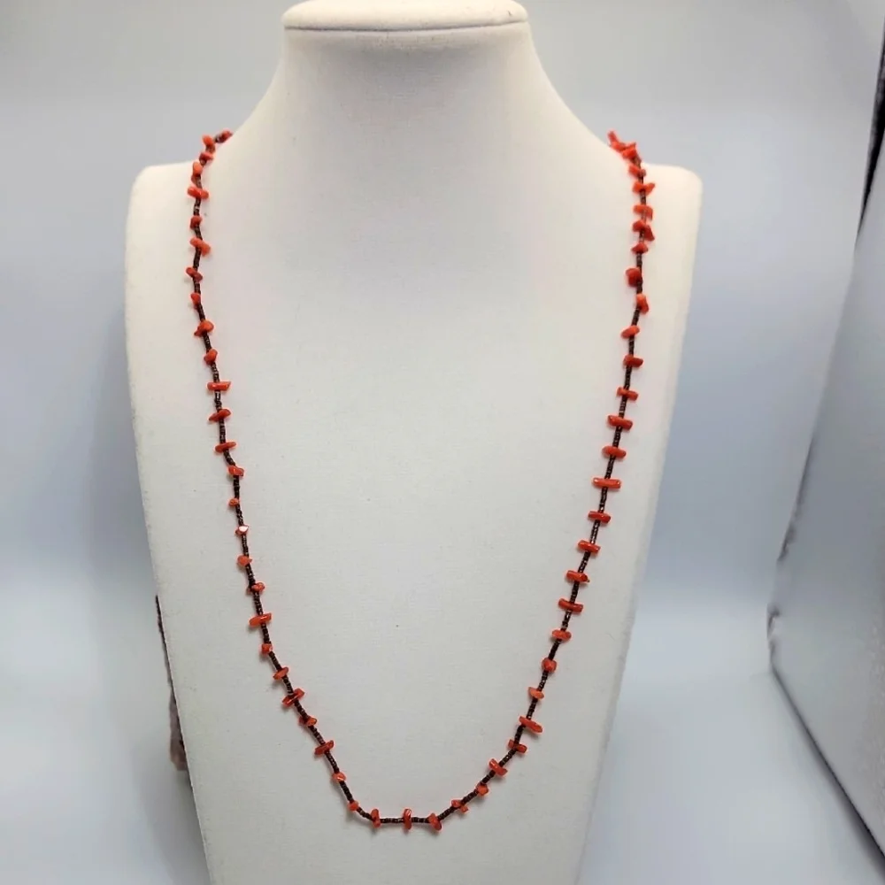 Navajo Branch Coral Heishi Beaded Sterling Silver Closure Single Strand Necklace